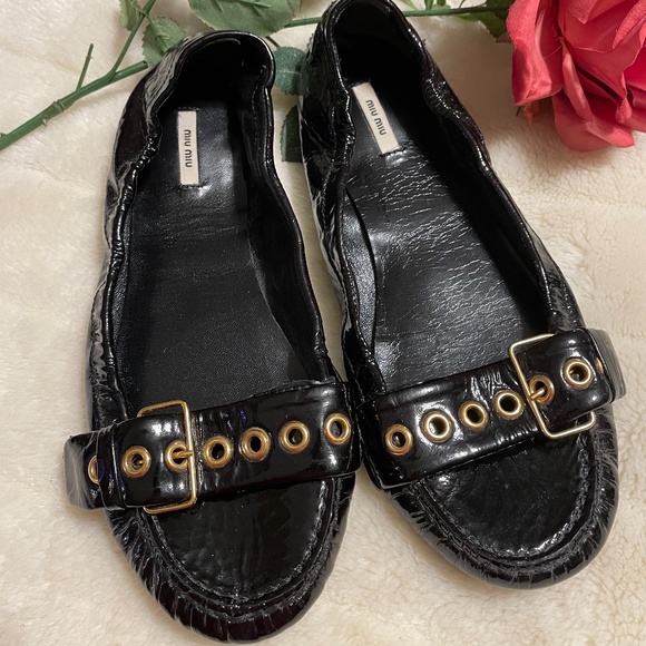 Miu Miu Shoes - MIU MIU Black Patent Leather Buckle Ballet Flats